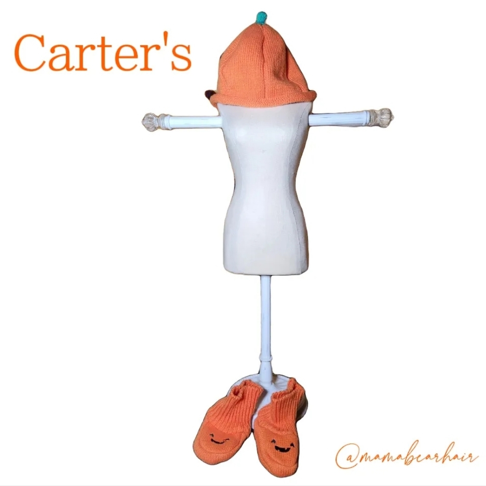 🎃 3/$15 Carter's Knit Orange Baby Halloween Pumpkin Hat and Shoe Set One Size